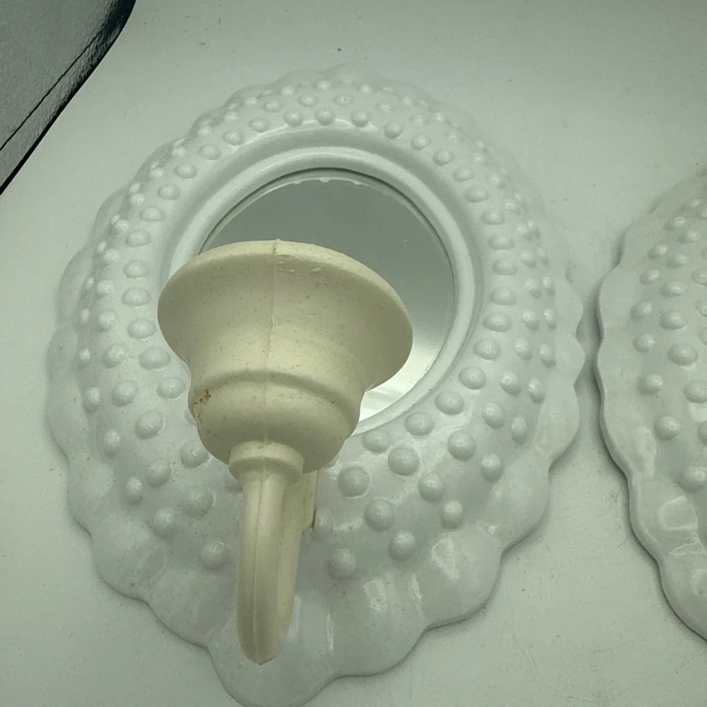 2 VTG 1985 Burwood White Plastic Hobnail Mirrored candle wall Sconces 10x7”